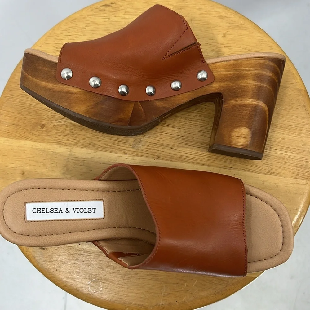 Chelsea & Violet verger leather upper wood platform, heel sandal 8